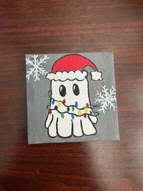 Hand Crafted Ghost Holiday Canvas in Red, White, Gray